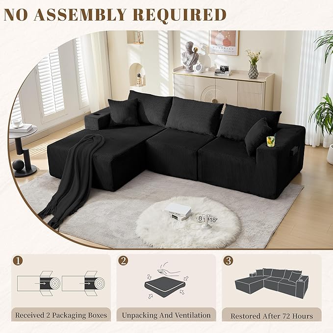 107" Cloud Sectional Couch, Modular Sectional Sofa with L-Shape Chaise, Corduroy Boneless Couch with Deep Seat, Upholstered Sofa for Living Room, No Assembly Required(Left-Facing Chaise, Black)