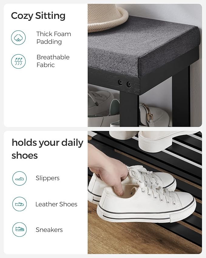 SONGMICS Bamboo Shoe Bench, 3-Tier Shoe Rack Organizer for Entryway, Living Room, Bench Seat Holds Up to 300 lb, 11.9 x 28.3 x 19.2 Inches, Ink Black and Slate Gray ULBS604B01