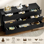 Fluted Dresser for Bedroom with 9 Drawers, 57" Mid Century Modern Dresser of Closet TV Stand, Nature Wood Dressers with Gold Handle, Boho Closet Wide Modern Chest of Drawers, Black
