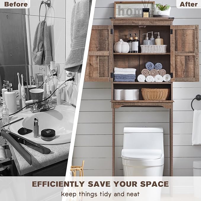 ACCOHOHO Over The Toilet Storage Cabinet, Farmhouse Bathroom Cabinet with Adjustable Shelf & Barn Door, 67" Tall Over The Toilet Shelf, Rustic Brown