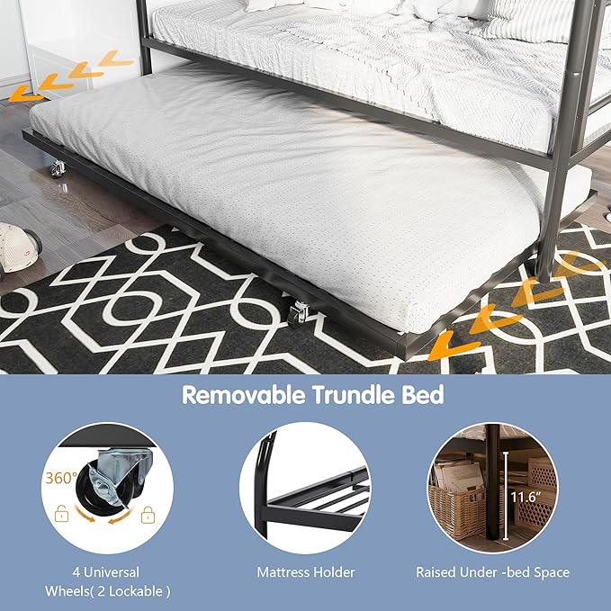 SUNLEI Metal Bunk Beds with Double Secured Ladders, Twin Bunk Bed with Surrounded Safety Guardrails, Space Saver Twin Beds, Noise Free for Small Bedroom, with Trundle Function, Black