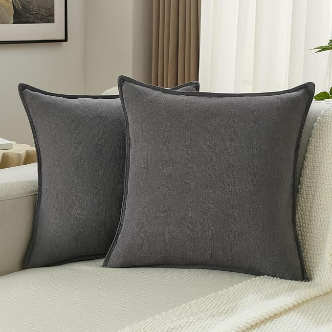 FUTEI Dark Grey Chenille Throw Pillow Covers 16x16 Inch Set of 2,Edges Double-Stitched Cushion Cases,Modern Home Decor for Couch Living Room