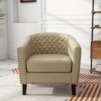 Pia Ricco Faux Leather Barrel Accent Chair, Modern Club Arm Chair Comfy Upholstered Single Sofa Chair with Solid Wood Legs and Nailhead Trim for Living Room/Reading Room, Beige