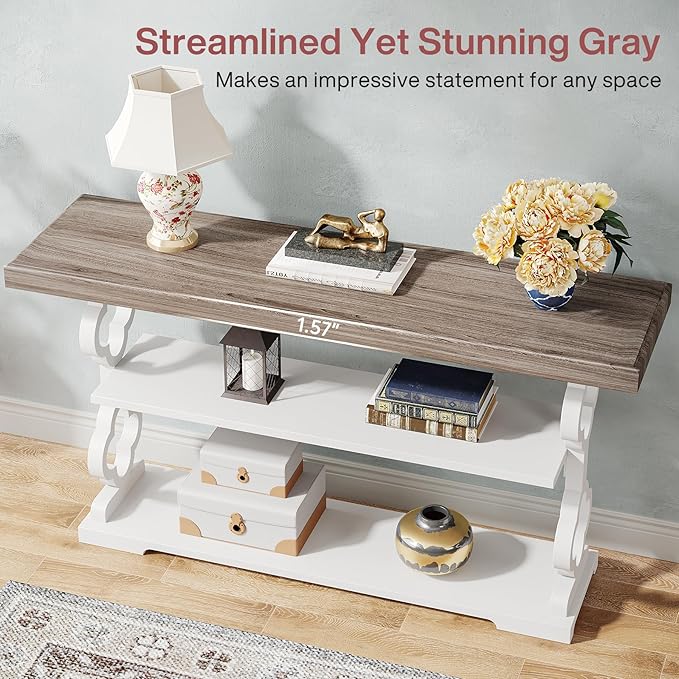 Tribesigns Farmhouse Console Table, 55 inch Long Sofa Table with Storage Shelves, 3 Tier Wood Accent Entry Table for Hallway, Entrance, Living Room, Foyer, Grey and White