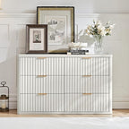 LEYAOYAO Fluted 6 Drawers Dresser, 48" Wide Modern Chest of Drawers with Wood Grain Top, Curved Profile Design, Dresser TV Stand, Wood Drawer Organizer for Bedroom, Living Room, Antique White