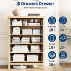 GarveeHome Fluted 5 Drawer Tall Dresser for Bedroom, 42.9 in Chest of Drawers, Wooden Dresser Chest with Clothes Storage Cabinet, Drawer Organizer, TV Stand for Bedroom, Living Room, Hallway, Natural