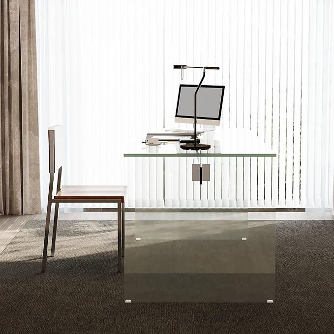 53.14" Modern Tempered Glass Executive Desk with Drawer, Black Wood Finish and Tempered Glass Legs – Minimalist Stylish Workstation Table for Home Office (Transparent Glass Desk)