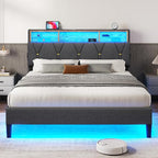 Queen Bed Frame with Storage Headboard and RGB LED Lights, Modern Upholstered Platform Bed Frame Queen Size with Charging Station, Stable Easy Assembly,Dark Grey