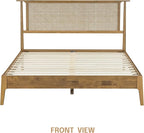 NTC Ruby Wooden Bed Frame with Headboard and Natural Rattan, Solid Oak/Rubber Wood Foundation with Silent Slats, 1000 Lb Capacity, Effortless Assembly Queen - Teak Look