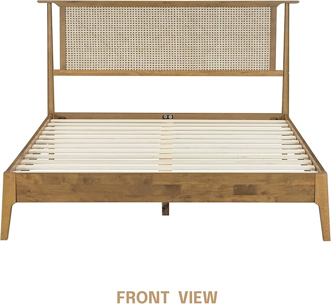NTC Ruby Wooden Bed Frame with Headboard and Natural Rattan, Solid Oak/Rubber Wood Foundation with Silent Slats, 1000 Lb Capacity, Effortless Assembly Queen - Teak Look