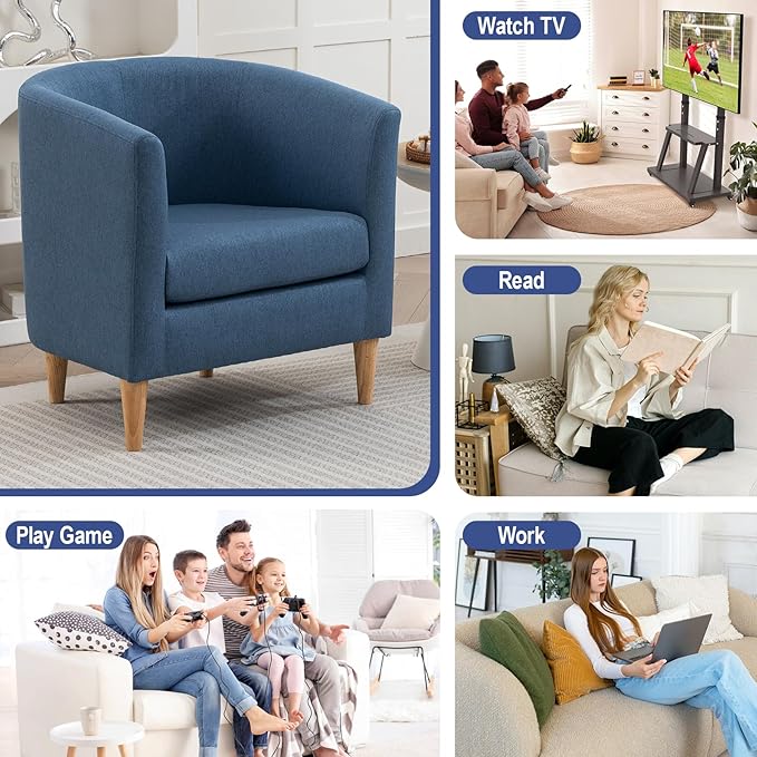 Accent Barrel Chair, Modern Comfy Living Room Chairs with Armrest Small Reading Chair with Cozy Soft Padded for Bedroom Reception Room Cafe, Blue
