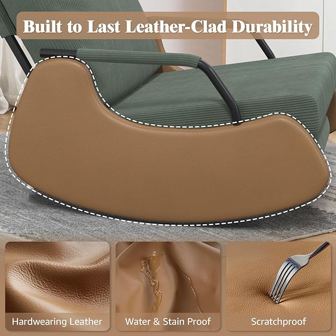 Upholstered Recliner Rocking Chair Nursery with Adjustable Backrest and Footrest, Comfy Corduroy Foldable Glider Chair for Bedroom & Living Room, Dark Green
