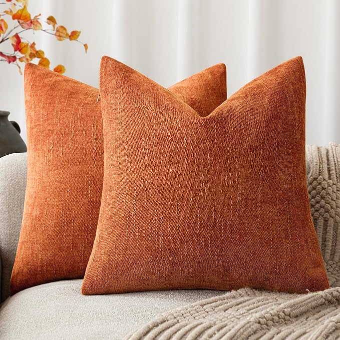 Foindtower Pack of 2 Soft Textured Chenille Throw Decorative Pillow Covers Square Accent Solid Cushion Cover Cozy Neutral Farmhouse Pillow Case for Couch Sofa Bedroom Living Room 18x18 Inch,Orange