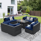 NICESOUL 7 Piece Large Outdoor Patio Furniture Set with Fire Pit Table Gas/Propane, 29.3'' High Back Rattan Modular Sectional Sofa, Extra Wide Conversations for Backyard, 2 Color Cushion Navy & Gray