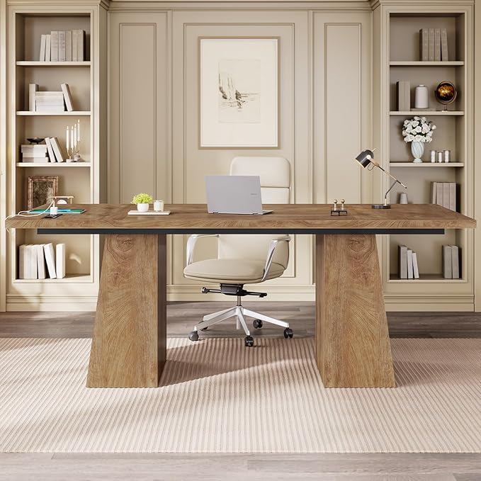 63 in Executive Desk with Power Outlets, Modern Home Office Desk with Storage Cabinet, Wood Computer Desk Business Workstation Desk Conference Table (Oak)