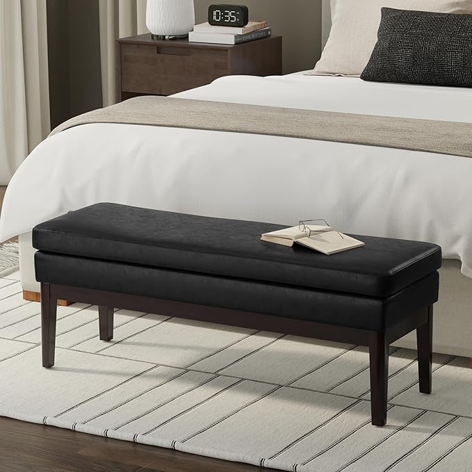 SIMPLIHOME Carlson 45-inch Wide Vegan Faux Leather Ottoman Bench in Distressed Black with Solid Wood Frame for Living Room, Entryway, or Bedroom