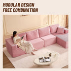138" Boneless Couch with Deep Seat, Modular Sectional Sofa, Cloud Sectional Couch for Living Room, No Assembly Required, Corduroy, 4 Seater L-Shape Right, Pink