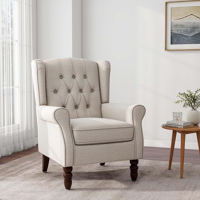 Accent Chair, Upholstered Armchair with Button Tufted High Back & Solid Wood Legs, Comfy Wingback Reading Single Sofa Chair for Small Spaces, Living Room, Bedroom (Beige, Set of 1)