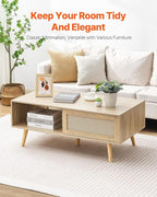 VEVOR Rattan Coffee Table, Mid Century Modern Table, Rectangle Wood Table, 42 Inch Modern Boho Style Two Layers Storage Coffee Table, for Living Room, Bedroom & Small Spaces