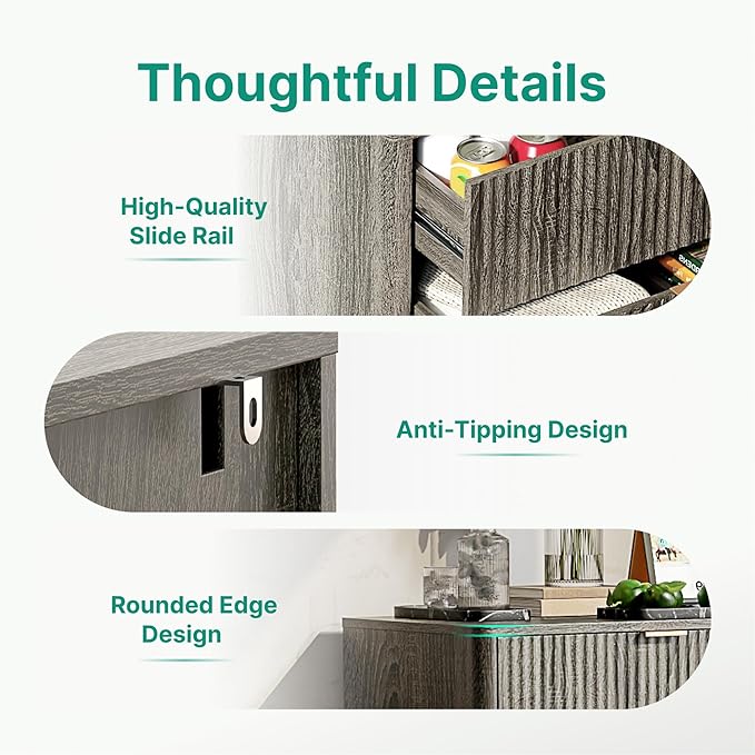 Mid Century Modern 3 Drawer Dresser for Bedroom, Fluted Wood Nightstand with Round Edge Design, Shallow Bedroom Storage for Closet, Living Room（Charcoal Oak）