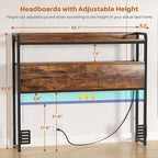 Aheaplus Headboard for Twin Size Bed Frame, Headboards with Outlets, USB Ports and LED Light, Head Board with Storage, Height Adjustable, Sturdy and Stable Headboard, Twin Size, Rustic Brown