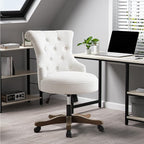 HUIMO Home Office Chair Upholstered Armless Desk Chairs with Wheels Adjustable Height Computer Desk Chair with Wooden Legs Linen Comfortable Swivel for Home Office Study Studio (Beige)