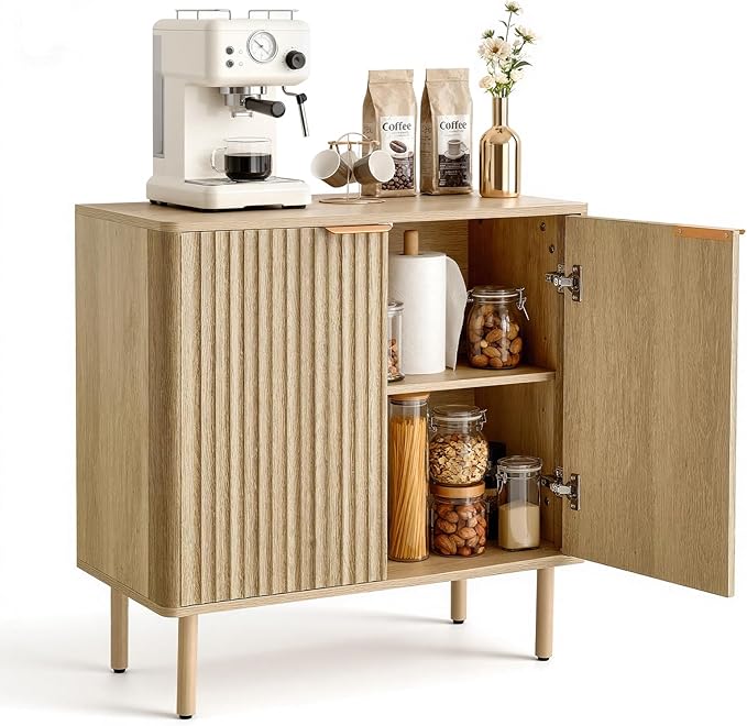 VEVOR Fluted Cabinet, Buffet Cabinet with 2-Tier Storage, Coffee Bar Cabinet with Adjustable Shelves, Sideboard Buffet for Hallway, Entryway, Living Room, or Kitchen, Oak