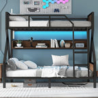 Bellemave Twin Over Full Bunk Bed with Storage Shelf and RGB LED Lights, Adults Bunk Bed with Angle Padded Ladder, Heavy Duty Bunk Beds with Noise-Reducing Rubber Stoppers, Black