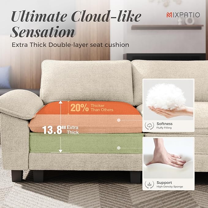 Cloud Couch Sectional Sofa Set, Plush 24.4-Inch Deep 5-Seat Sectional with Velvety Chenille & Removable Arms for Living Room and Apartment, Beige