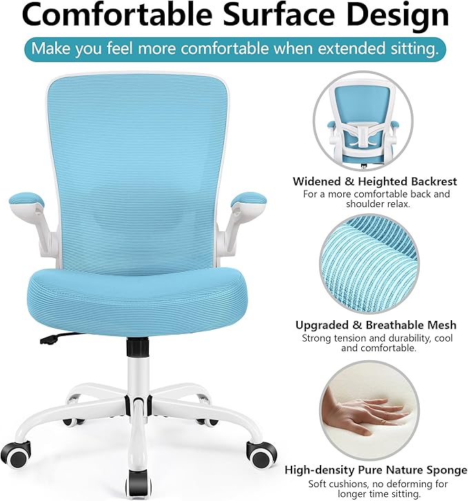 FelixKing Office Chair, Ergonomic Desk Chair Breathable Mesh Chairs Adjustable High Back Lumbar Support Flip-up Armrests, Executive Rolling Swivel Comfy Computer Chairs Home Office Blue