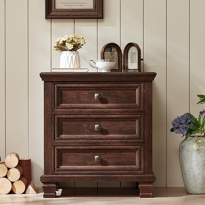 Farmhouse Nightstand Set of 2, Rustic Couch End Table with 3 Drawers & 4 Square Solid Wood Legs, Vintage Bed Side Table with Storage, Small Dresser for Bedroom, Living Room, Walnut