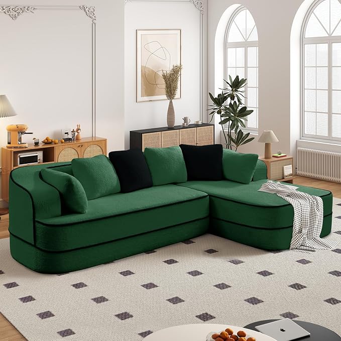 Cloud Sectional Sofa Modern Boneless Couch for Living Room, Comfy Deep Seat Comfy Teddy Fabric Double Sofa Chaise No Assembly Required (Green, 106" L Shape with Right Facing)