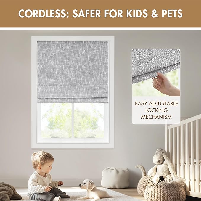 Madison Park Cordless Roman Shades, Total Blackout Window Blind Privacy Window Shades, Thermal Insulated Cordless Window Treatment for Bedroom, Living Room, Quincy, Single Panel 29"W X 64"H Light Grey