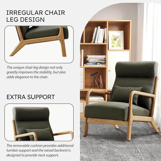 Accent Chair Mid Century Modern Chair Linen Fabric Living Room Chairs with Solid Wood Frame Comfy Upholstered and Lumbar Pillow Reading Side Chair Easy Assembly for Bedroom (1, Green)
