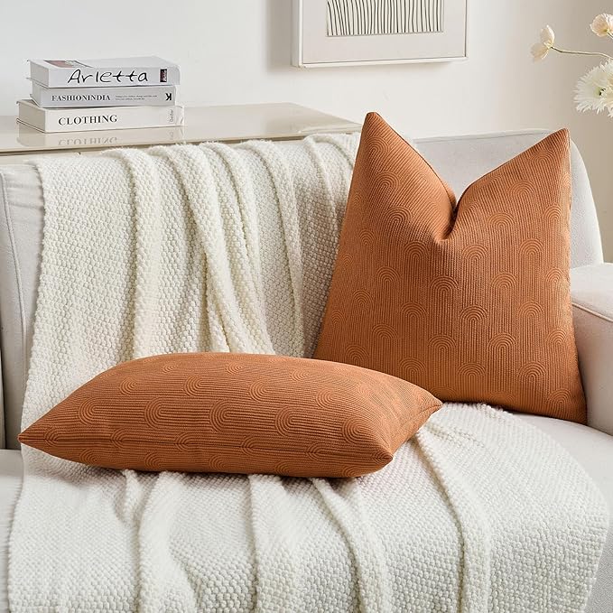 FUTEI Burnt Orange Chenille Decorative Throw Pillow Covers 24x24 Inch Set of 2,Soft Cozy Striped Geometric Patterns European Cushion Case,Modern Home Decor for Couch Bed Living Room