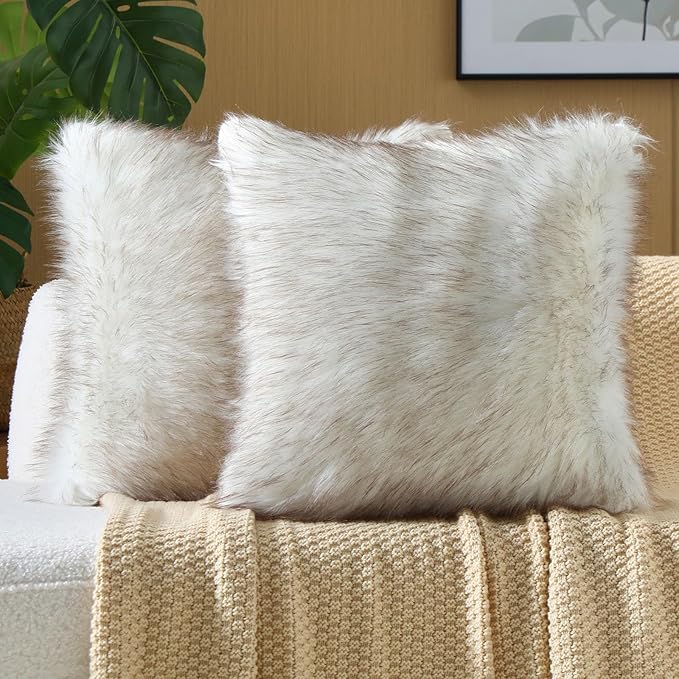 FUTEI Coffee White Decorative Throw Pillow Covers 16x16 Inch Set of 2,Soft Fluffy Faux Fox Fur Textured Cushion Case,Modern Home Decor for Couch Living Room