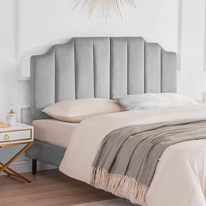 Tufted Headboard, Comfort Velvet Upholstered Headboard, Modern Vertical Channel Design, King Size Bed Compatible, Easy Assembly，Soft Grey