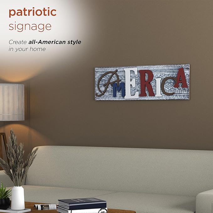 Alpine Corporation IAR162 Indoor Outdoor Wood and Metal America Plaque Wall Decor, 10" Tall, Multicolor