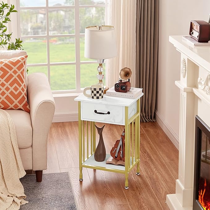 VECELO Nightstands, Industrial Side/End Tables with Drawer and Storage Shelf, Night Stands for Bedroom, Living Room, Wood Metal Furniture, Easy Assembly