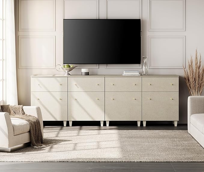 WAMPAT 4-in-1 Storage Cabinets for Living Room, 94.4" Sideboard with Drawers and Doors, Modern Beige Accent Cabinets with Adjustable Shelves for Dining Room, Hallway, Bedroom, 4 Packs