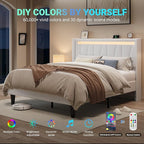 Allewie Queen Size LED Bed Frame with Charging Station, Velvet Upholstered Platform Bed with Geometric Wingback Headboard, Modern Frame with No Box Spring Needed, Easy Assembly, White