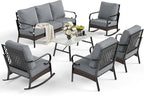 6 Piece Metal Outdoor Patio Furniture Set, Patio Conversation Set with 1 3-Seater & 2 Fixed Sofas, 2 Rocking Sofas, 5.75" Thick Cushion & Coffee Table, Black & Gray Backyard Furniture