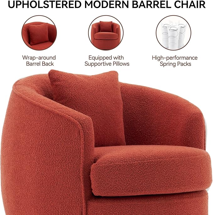 Swivel Accent Chair, Modern Upholstered Boucle Barrel Arm Chairs with Pillow for Living Room, 360 Degree Round Swivel Sherpa Armchair with Round Base for Bedroom Club (1, Orange)