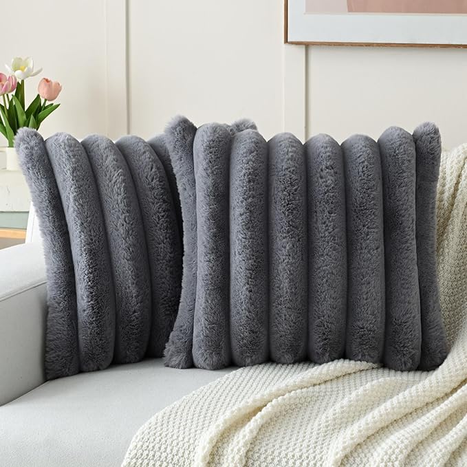 FUTEI Grey Decorative Throw Pillow Covers 26x26 Inch Set of 2, Square Soft Faux Rabbit Fur Thick Striped Euro Pillow Shams,Winter Home Decor for Couch Bed Living Room