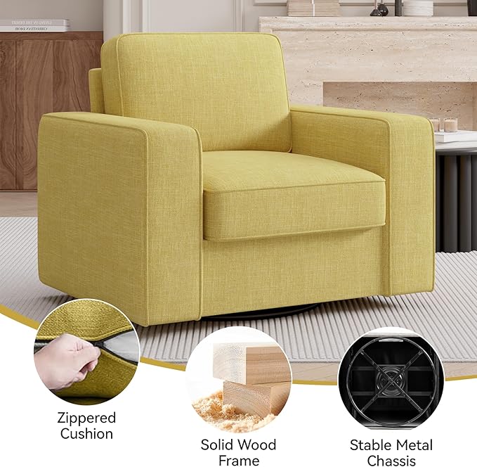 Swivel Accent Sofa Chair Set of 4, Modern Comfy Oversized Upholstered Cushion Back Armchair in Linen 1pcs for Living Room, Bedroom, Reading Room(Yellow)