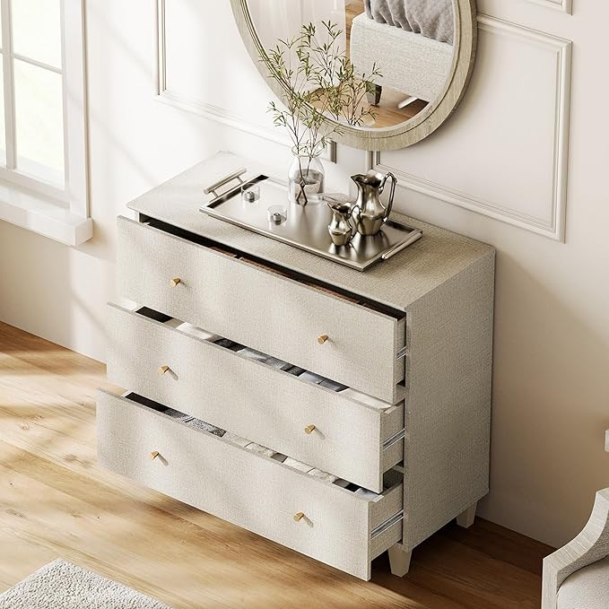 WAMPAT 3-Drawer Kids Dresser for Bedroom, Modern Small Chest of Drawers with Gold Knobs, 35 Inch Wide Linen Printed Finish Wood Children Dresser for Baby Room, Nursery, Living Room, Dark Beige