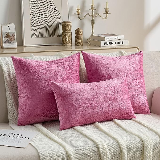 FUTEI Hot Pink Flannel Throw Pillow Covers 20x20 Inch Set of 2,Soft Dimensional Textured Cushion Cases,Modern Home Decor for Couch Living Room