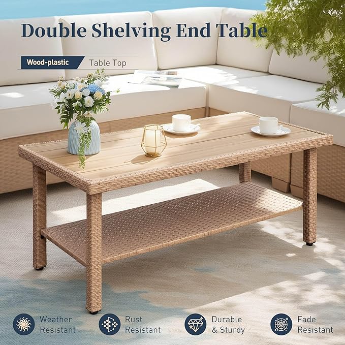 Patio Furniture Set 4 pcs, Wicker Rattan Sofa with 5.5” Thick Waterproof Cushions, 2 Chairs and Coffee Table, All Weather Outdoor Conversation Set for Backyard Deck, 5 Seats Beige