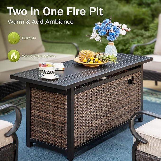 Patio Furniture Set with 56" Fire Pit Table, Premium Outdoor Wicker Metal Frame Furniture with Upgraded Waterproof Thick Cushions for Porch, Poolside, Deck, and Yard （4 Pieces,Navy