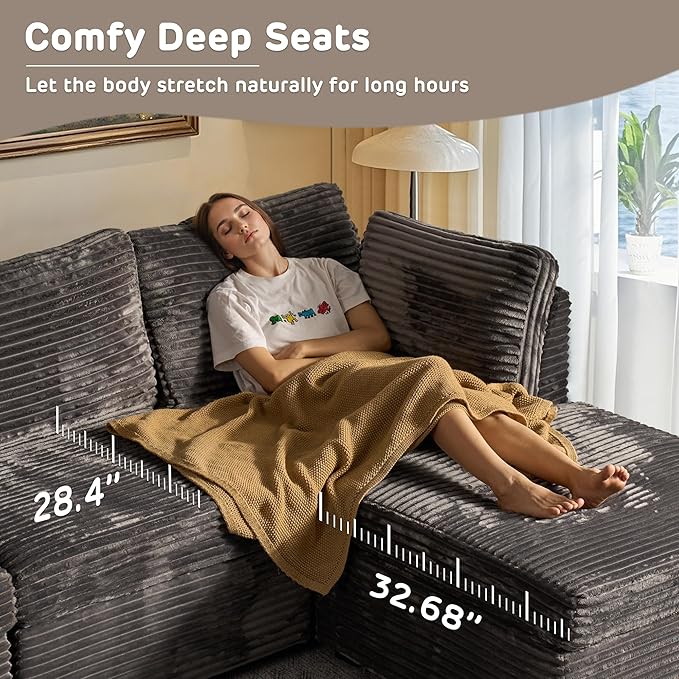 98" Modular Sectional Sofa Set with Swivel Chair, Modern Cloud Couch Plush Corduroy 3 Seater Deep Seat Sofas with Accent Armchair for Living Room Small Space, Gray